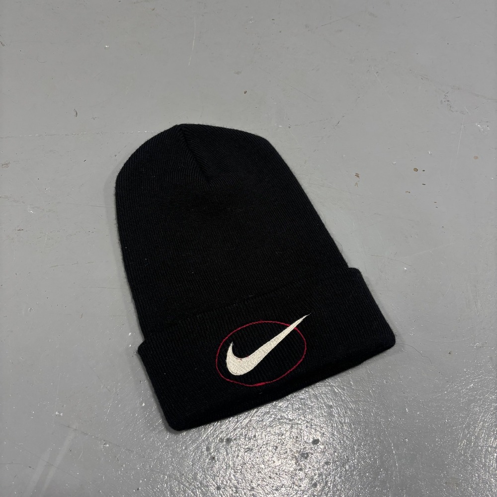 Y2K Nike Beanie Hat Black Cuffed Knit Embroidered Swoosh Logo Logo One Size